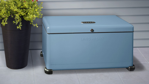 arle blue colored outdoor lockbox for package protection against porch theft