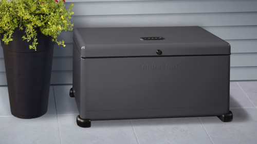 graphite grey colored outdoor lockbox for package protection against porch theft