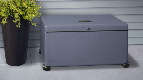 light grey colored outdoor lockbox for package protection against porch theft